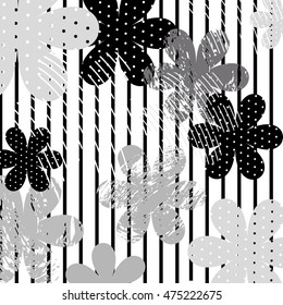 Black, white and gray   flowers vector pattern on striped background for design and decoration textile, covers, package, wrapping paper, Invitation,greeting.