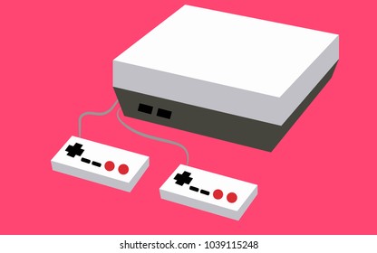Black and white with a gray old retro hipster rectangular volumetric vintage antique game console with two joys and buttons on a pink background. Vector illustration