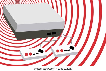 Black and white with a gray old retro hipster rectangular volumetric vintage antique game console with two joys and buttons on a background of red abstract circles. Vector illustration