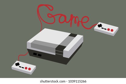 Black and white with a gray old retro hipster vintage antique game console, a prefix with two joys and an inscription game made with red wire on a gray background. Vector illustration