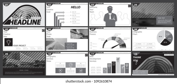 Negro y blanco, gris, plantilla de presentación, fondo blanco. Conjunto creativo de elementos infográficos. folleto y volante, informe corporativo, marketing, pantalla, publicidad, informe anual, vector fotográfico