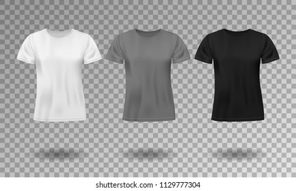 Black, white and gray realistic male t-shirt with short sleeves. Blank t-shirt template isolated. Cotton man shirt design. Vector illustration