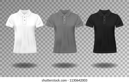 Black, white and gray realistic slim male polo t-shirt design template. Set of short sleeve t-shirts for sport, men classic polo. Vector illustration