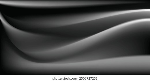 Black white and gray satin dark fabric texture luxurious shiny that is abstract silk cloth panorama background with patterns soft waves blur beautiful.
