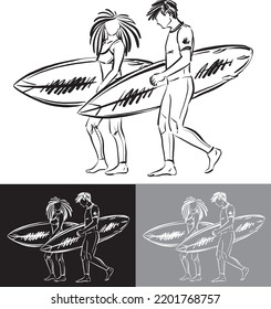 black and white grays surfers with surfboards summer sports concepts girl and boy man woman vector illustration