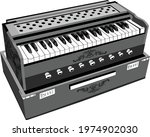 Black and White Grayscale vector Illustration of Indian Classical Music Instrument Harmonium or Harmonica. Line art drawing clip art of harmonium.
