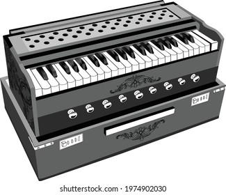 Black and White Grayscale vector Illustration of Indian Classical Music Instrument Harmonium or Harmonica. Line art drawing clip art of harmonium.