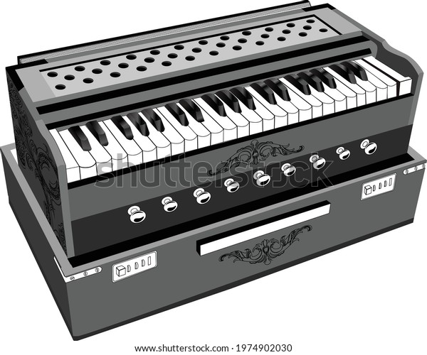 Black and White Grayscale vector Illustration\
of Indian Classical Music Instrument Harmonium or Harmonica. Line\
art drawing clip art of\
harmonium.