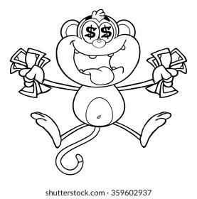 Black And White Greedy Monkey Cartoon Character Jumping With Cash Money and Dollar Eyes. Vector Illustration Isolated On White