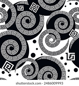 Black and white greek key meanders seamless pattern with spiral, swirls, circles, polka dots. Vector ornamental monochrome geometric background. Abstract modern ornaments with greek ancient elements. 