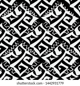 Black and white greek vector seamless pattern. Geometric ornamental monochrome background. Abstract repeat ancient style backdrop. Chalk grunge doodle greek key meanders ornament. Modern design.