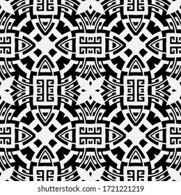 Black and white greek vector seamless pattern. Geometric ancient background. Repeat symmetrical backdrop. Greek key meanders tribal ornament. Floral modern design with abstract flowers, shapes, lines.