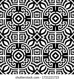 Black and white greek vector seamless pattern. Geometric ancient background. Repeat symmetry backdrop. Greek key meanders tribal ornament. Floral modern design with abstract flowers, shapes, circles.