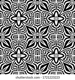 Black and white greek vector seamless pattern. Geometric ancient background. Repeat symmetry backdrop. Greek key meanders tribal ornament. Floral modern design with abstract flowers, shapes, circles.