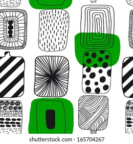 Black and white with green geometric pattern, Finnish design. Seamless pattern  Gorgeous seamless floral background