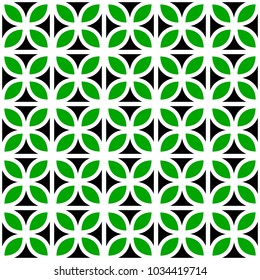 Black white and green leaves lattice geometric seamless pattern, vector