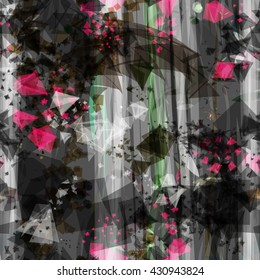 Black, white, green and red. Light and dark. Vertical stripes and wavy lines, triangular elements, crystals, stylized leaves and petals, squares, spots. Randomly mixed. Abstract seamless template