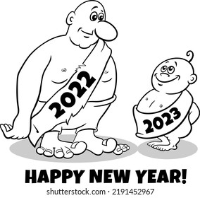 Black and white greeting card cartoon illustration with old year and New Year