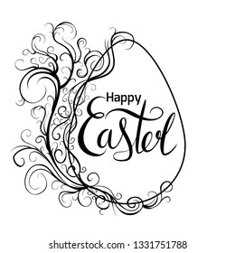 Black white greeting card with egg, scroll vintage pattern and handwriting lettering Happy Easter. Vector card for greetings, invitations, banners and for your creativity.