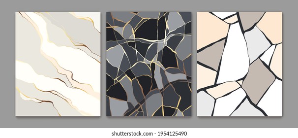 Black and white, grey abstract marble stone design, minimal kintsugi art style. Luxury crack ground, abstract landscape. Patterns, covers, logo, branding template.