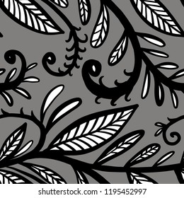 Black, white and grey graphic seamless ornamental pattern. Beautiful fantasy composition with natural elements and leaves. Perfectly for fabric, textile, wallpaper, wrapping paper, cover, bed linen.