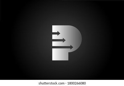 black white grey P letter logo icon with arrows. Alphabet design for company and business 