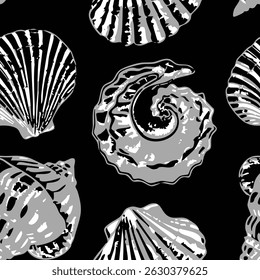 Conchas marinhas preto, branco e cinza vetor padrão sem emenda. Por todo o mar conchas ideias padrão imprimíveis para têxtil, decoração de casa, fundo, modelo, cartaz, panfleto, fundo.
