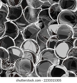 Black, white, grey seamless background with grunge stain intersecting circles and rings for web design