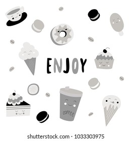 black and white grey set elements cute doodle scandinavian food macaron cookie cake cupcake  set of cartoon badges cute stickers patch or fashion coffee ice cream