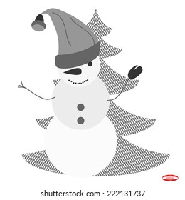 black white grey snowmen with fir tree isolated on white background vector