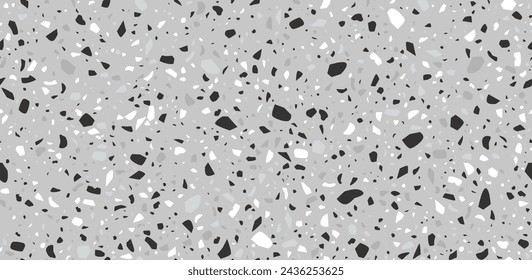 Patrón de azulejos de mosaico de terrazo negro, blanco y gris, textura de piso de piedra de mármol de terazzo, fondo de cerámica de terazo. Mezcla vectorial de mármol, granito y virutas de vidrio, superficie moteada para pisos o paredes