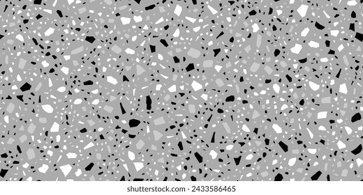 Fondo de baldosas de cerámica de terrazo negro, blanco y gris o patrón de vector de mosaico de terrazo. Textura de piso de piedra de mármol de Terazzo de piedras rotas abstractas y partes de mármol para patrón de azulejos interiores