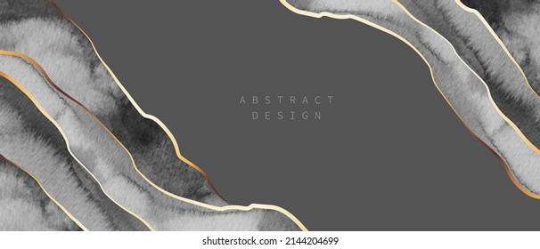 Black, white, grey watercolor  vector background. Golden lines, waves. Abstract watercolor washes, forms. Elegant, shiny, chic card, cover, art design