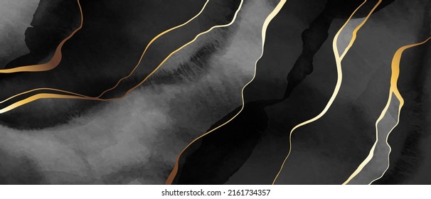 Fondo vectorial de color negro, blanco y gris. Líneas doradas, olas. Resumen de lavados de acuarela, formas. Elegante, brillante, elegante tarjeta, cubierta, diseño de arte