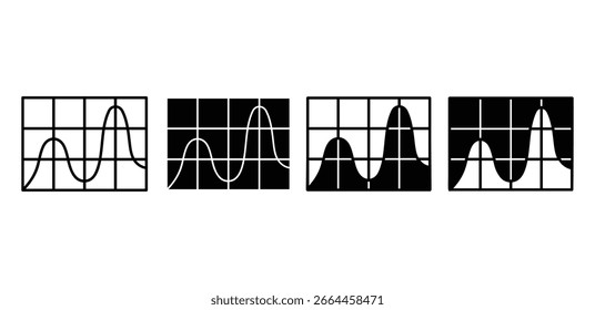 Black And White Grid Chart Icons Showing Wave Data Diagrams Vector Design Simple Minimal Illustration