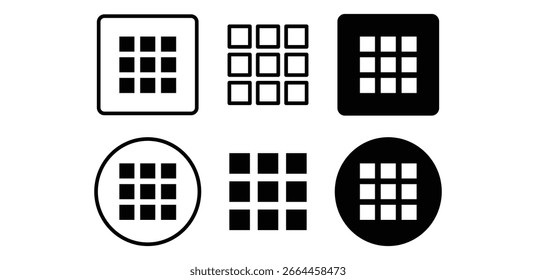 Black and White Grid Icons in Square and Circle Frames Vector Design Simple Minimalist Illustration Sets