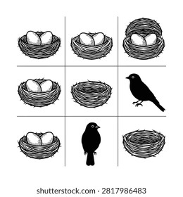 A black and white grid illustration featuring various bird nests, some containing eggs, and two bird silhouettes, presented in a hand-drawn, vintage style.