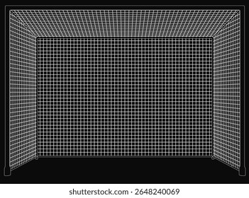 A black and white grid pattern illustrates a structured room divider design, composed of small, evenly spaced lines forming a precise layout. The geometric simplicity resembles a football goal net