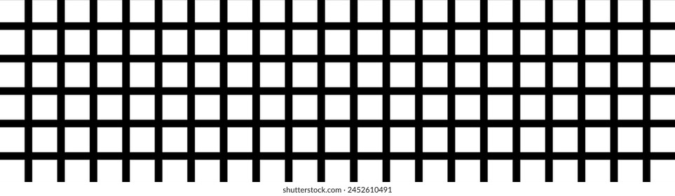 Black and white grid pattern. Monochromatic square grid. Abstract checkerboard design with equal squares. Wide banner. Geometric background, digital wallpaper. Optical illusion. Rhythm and balance