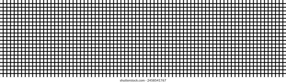 Black and white grid pattern. Monochromatic square grid. Abstract checkerboard design with equal squares. Wide banner. Geometric backdrop, digital wallpaper. Optical illusion. Rhythm and balance