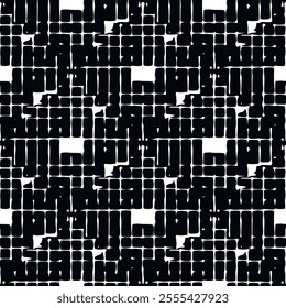 Black and white grid seamless pattern with grunge lines, squares. Vector modern monochrome geometric checkered background. Trendy interesting abstract lattice ornaments. Endless grunge rough texture.