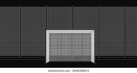 Um sistema de grade preto e branco apresenta um intrincado design de porta, composto de linhas interconectadas e formas geométricas que se assemelham a um objetivo de futebol americano. O padrão abstrato cria profundidade e estrutura.