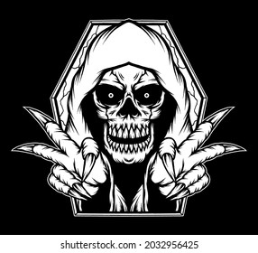 Black white grim reaper skull illustration. Premium vector