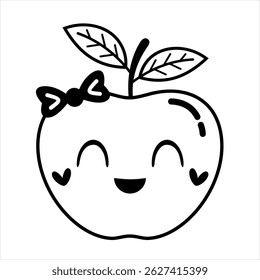 Black and white groovy apple doodle, cute cartoon summer fruit character. Adorable hand drawn vector illustration in flat style