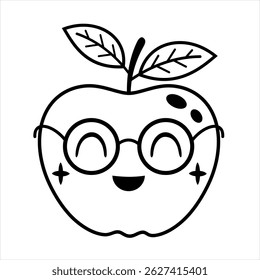 Black and white groovy apple doodle, cute cartoon summer fruit character. Adorable hand drawn vector illustration in flat style