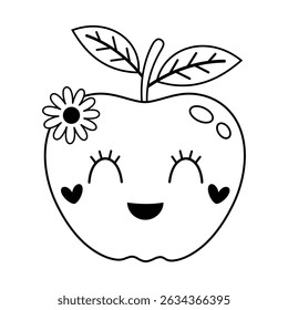 Black and white groovy apple doodle, cartoon summer fruit character. Adorable hand drawn vector illustration in flat style	
