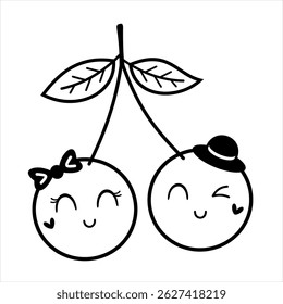 Black and white groovy cherry doodle, cartoon summer berry character. Adorable hand drawn vector illustration in flat style