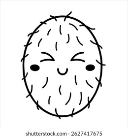 Black and white groovy coconut doodle, cute cartoon tropical fruit. Fruit character, summer hand drawn vector illustration in flat style
