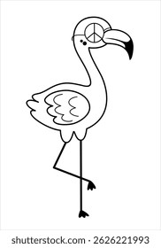 Black and white groovy flamingo doodle, cute cartoon tropical bird. Summer character, hand drawn vector illustration in flat style
