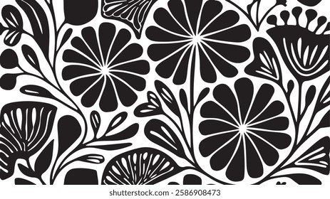 Black and White groovy Floral Pattern With Modern Abstract Flower Design | Groovy daisy flower seamless pattern | Floral Abstract Vector graphic Art | Elegant Monochrome Floral Vector Set
